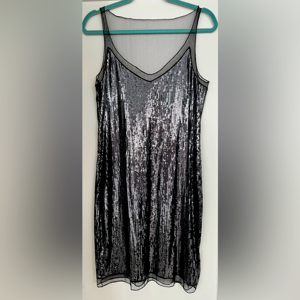White + Warren Sequin and Mesh Gunmetal Dress